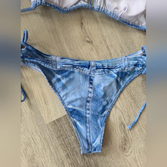 Denim Jean Look Triangle String, Lace up sides Bikini Large - Picture 8 of 10